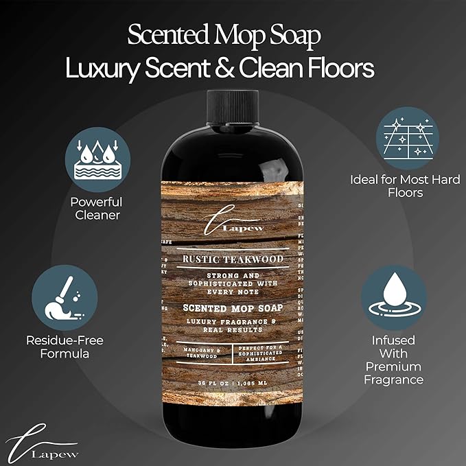 Luxury Floor Cleaner, Scented Mop Soap Concentrate | Hard Floor Cleaner for Tile, Vinyl, Laminate, LVP & Sealed Hardwood | Low-Foam, Streak-Free | 36 oz | Rustic Teakwood