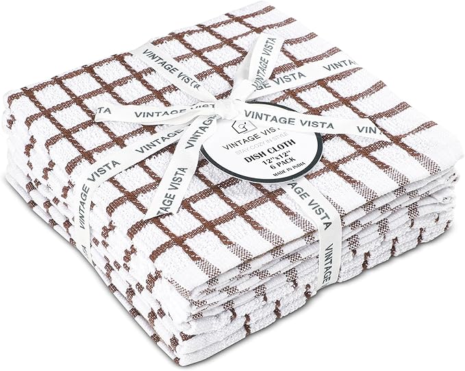 Vintage Vista 100% Cotton Dish Cloths (Pack of 6) - Dish Rags for Washing Dishes - Reusable & Highly Absorbent Kitchen Towels - Kitchen Rags for Christmas - (12" x 12" - Natural Brown Checkered)