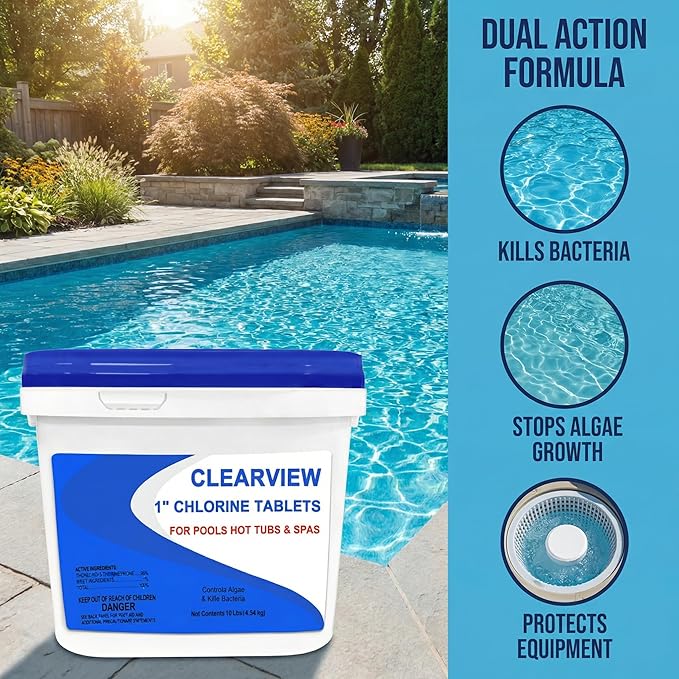 ClearView Chlorine Tablets 1 Inch 10 Lbs for Swimming Pools, 1" Chlorinating Tablets for Spa Hot Tub Chemicals Pool Chlorinating Sanitizer, Kills Bacteria Controls Algae