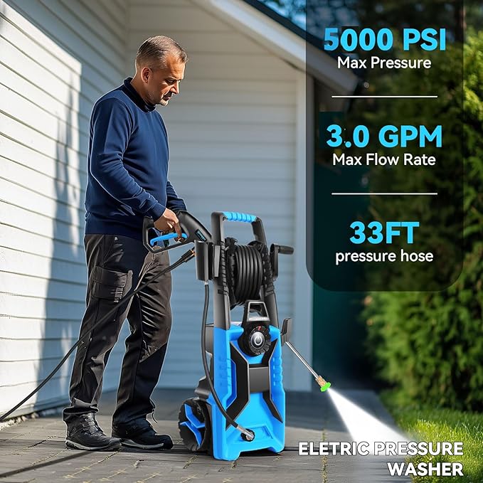 5000 PSI Adjustable Electric Pressure Washer, 2025 New Power Washer Pressure Adjustable (2500PSI-5000PSI) with 33ft Pressure Hose, 4 Nozzle and Detergent Tank for Cars, Upgraded 8053
