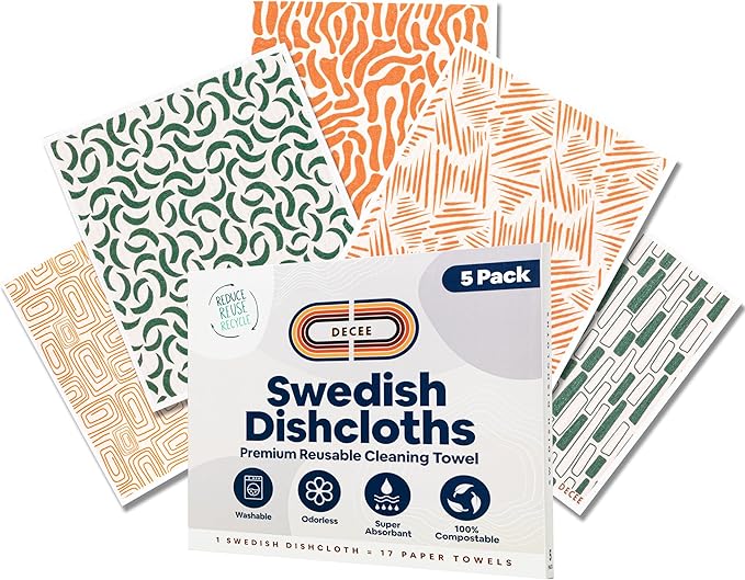 DECEE Swedish Dishcloths for Kitchen | 5 Pack Reusable Paper Towels | Washable | Swedish Dish Towels | Non-Scratch Cellulose Sponge Cloths | No Odor, Biodegradable Cleaning Cloths (Earthy)