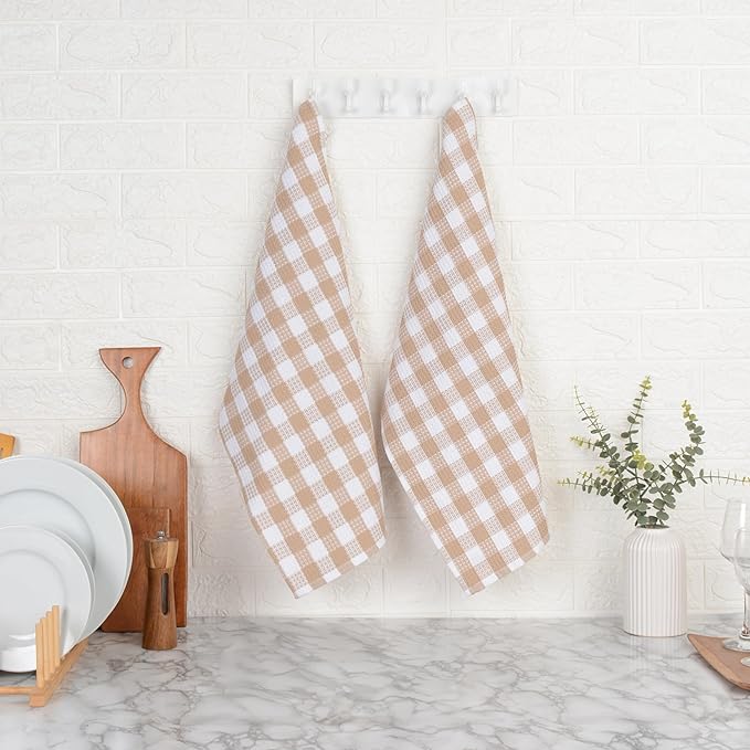 Blue Needles Waffle Weave Check Plaid Kitchen Towels, 15x25 Inches 100% Cotton Set of 6 Dish Towels for Kitchen, Ultra Soft & Absorbent for Quick Drying with Hanging Loop Spring Summer - Beige & White