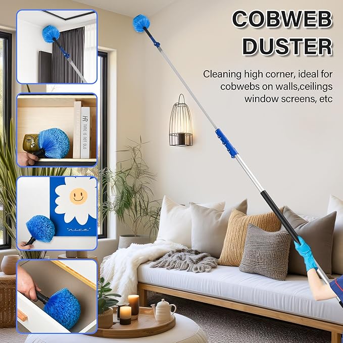 30 Foot High Reach Cleaning Kit with 6-24FT Telescoping Pole - High Ceiling Dusting and Window Cleaning Kit, Cobweb Duster, Window Washer & Squeegee, Fan Duster and Feather Duster