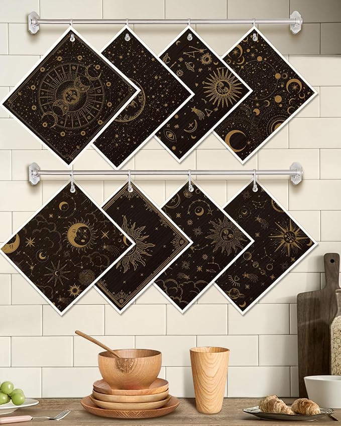 8 Pack Swedish Kitchen Dishcloths - Absorbent Reusable Dish Towels, Fast Drying, Moon Sun