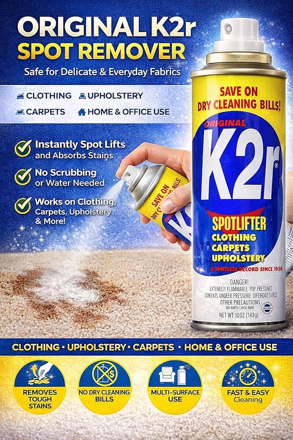 K2R SpotLifter Spot Remover Spray – Quick-Drying Stain Remover for Clothing, Carpets, Upholstery & Wallpaper – Built-In Brush Cap for No-Mess Touch-Ups – 10oz (1, 1)