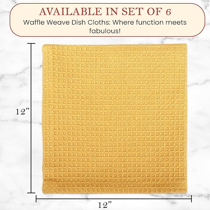 Vintage Vista 100% Cotton Waffle Dish Cloths (Pack of 6) - Dish Rags for Washing Dishes - Reusable & Highly Absorbent Kitchen Towels - Kitchen Rags for Christmas - (12" x 12" - Yellow)