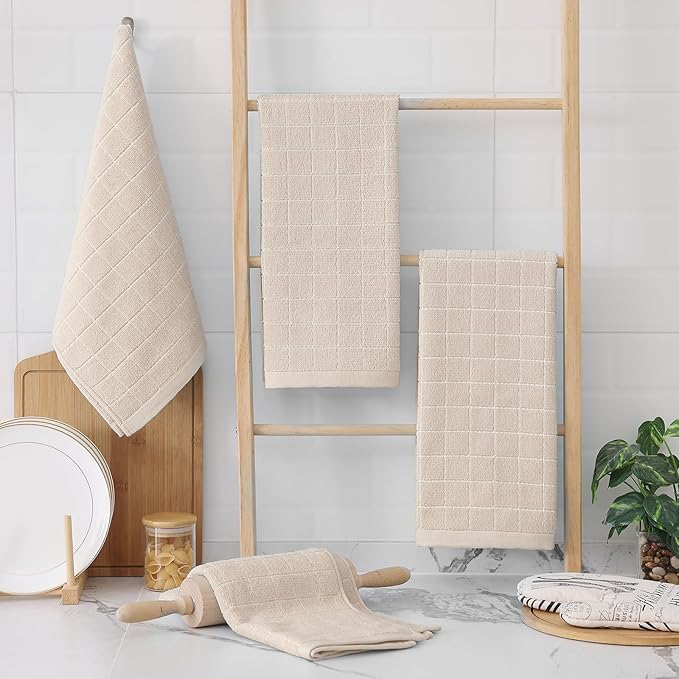 Homaxy 100% Cotton Terry Kitchen Towels(Beige, 13 x 28 inches), Checkered Designed, Soft and Super Absorbent Dish Towels, 8 Pack