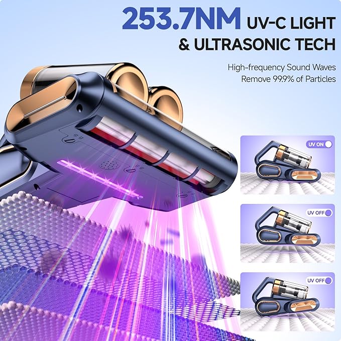 Cordless Mattress Vacuum Cleaner,16Kpa Bed Vacuum with 253.7nm UV-C Light,HEPA Filter & Ultrasonic Tech,Portable Handheld Vacuum for Couch,Sofa & Pet