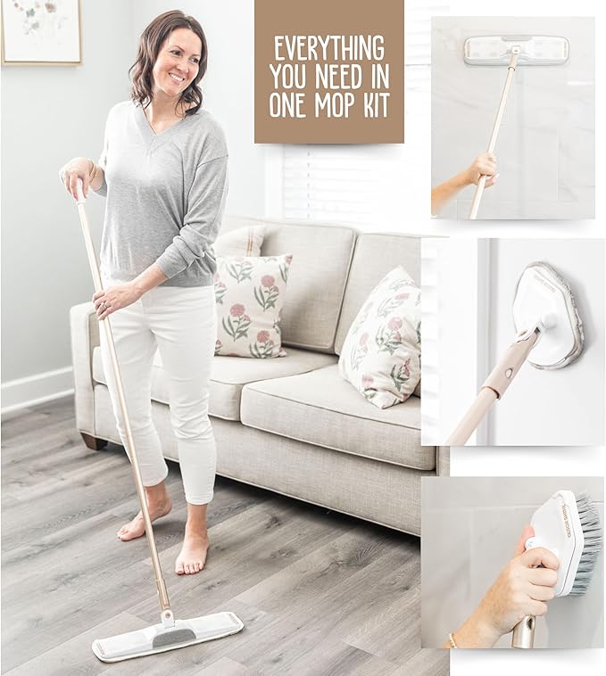 Quick Shine Ultimate Gold Clean + Polish Mop Kit | All-in-One 9 Pc Kit w/Interchangeable Attachments | No Batteries Needed | Pro Cleaning System for All Floor Types | 2-in-1 Mop