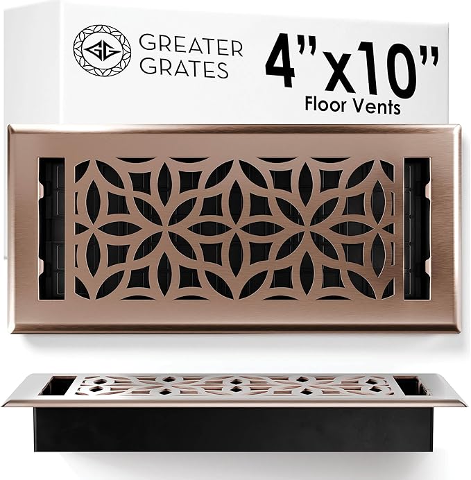 Floor Register 4x10 Vent Cover – Heavy-Duty Steel, Rustproof & Walkable Grates, Easy Drop-in Install, Adjustable Air Supply Switch - Decorative Floral Design, Satin Bronze