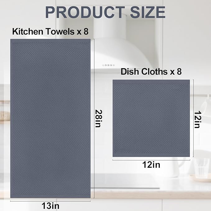 Homaxy 100% Cotton Kitchen Towels and Dishcloths Set, 12 x 12 Inches and 13 x 28 Inches, Set of 16 Bulk Kitchen Towels Set, Ultra Soft Absorbent Dish Cloths for Washing Dishes, Dark Grey