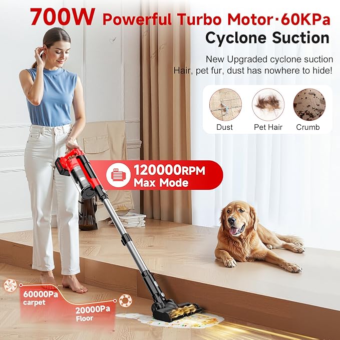 700W 60kPa Cordless Vacuum Cleaner, 8000mAh Brushless Vacuum Cleaners for Home, 6 in 1 Lightweight Stick Vacuum with Mount, 3 Suction Modes, Portable Handheld Cordless Vacuum for Pet Hair/Carpet/Floor