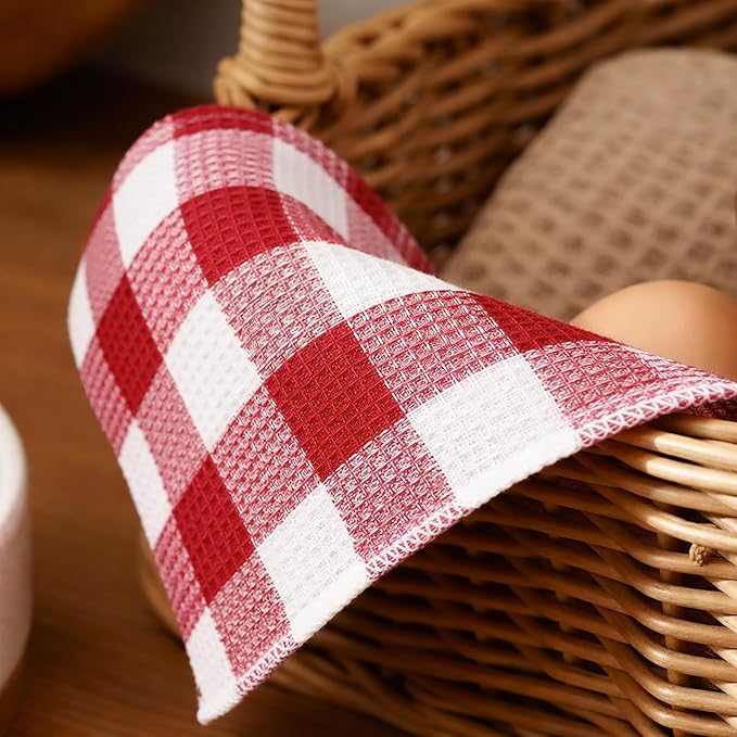 PurpleEssences Waffle Weave Plaid Dish Cloths, 100% Cotton, 12x12 Inch, Soft Absorbent Quick Drying Buffalo Check Dish Rags for Kitchen, 8 Pack, Christmas Holiday Winter - Red & White