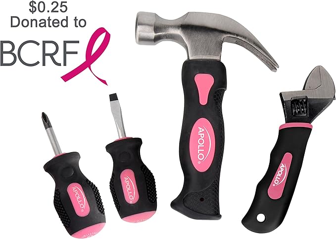 Apollo Tools 4 Piece Stubby Tool Set for Small Hands and Tight Spaces. Convenient, Compact Small Tool Set includes Mini Hammer, Mini Screwdriver Set, Mini Wrench - Pink Ribbon - Pink - DT0240P