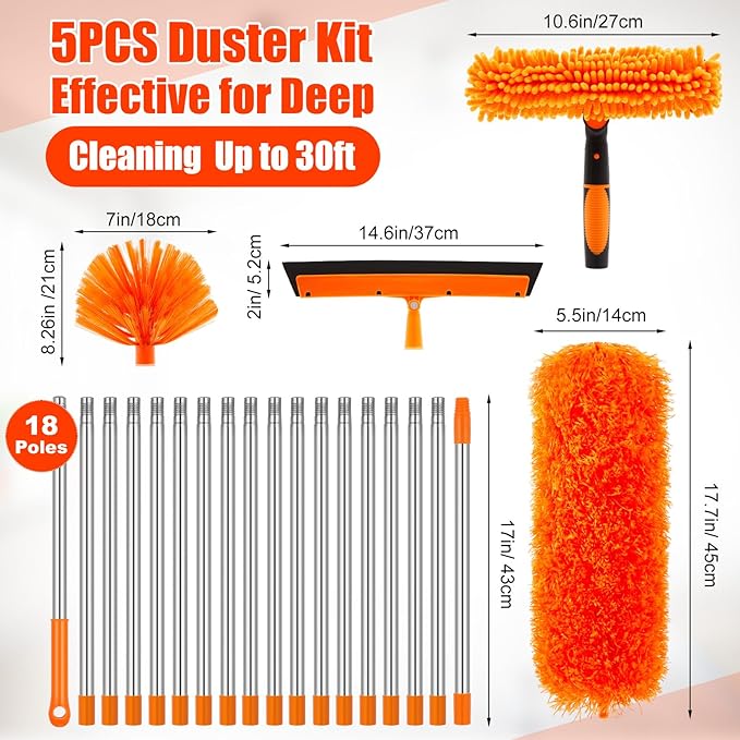 30 Feet High Reach Duster Kit with 2-24 ft Extension Pole High Ceiling Dusting and Window Cleaning Kit with Window Washer & Squeegee, Cobweb Duster, Washable Head for Ceiling Fan Blade
