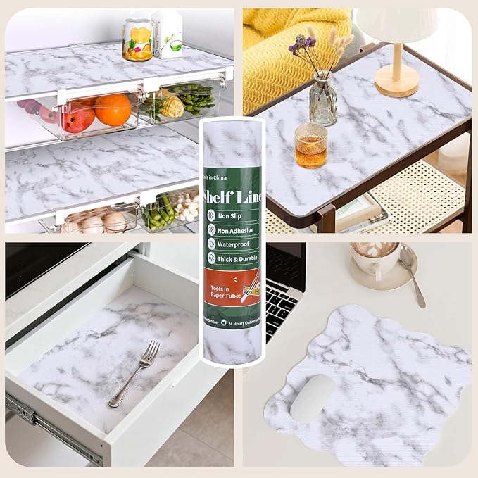 Shelf Liners for Kitchen Cabinets 17in x 30FT, Non Adhesive Drawer Liner Marble Pattern Thickened Shelf Liner Non-Slip Easy to Clean for Tool Box Refrigerator with Knife and Tape Measure