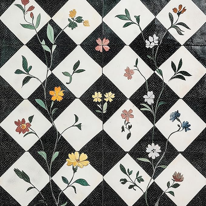 10PCS 12x12 Inch Floral Checkerboard Peel and Stick Floor Tiles Removable Self Adhesive Vinyl Flooring Stickers for Kitchen Entryway Studio Home Decor