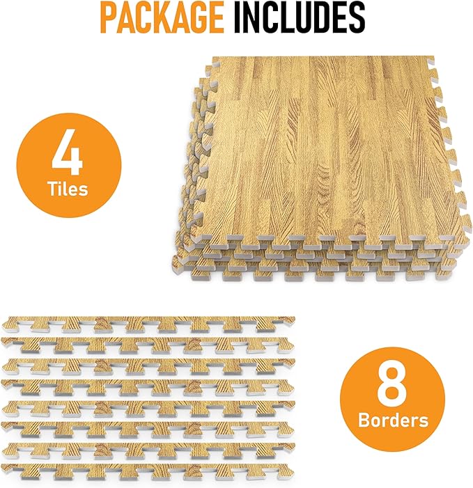 HomeCube USA 3/8 Inch Thick Interlocking Wood Grain Foam Floor Tiles for Home, Office, Workout Equipment Space, Commercial Areas, Anti-Fatigue Flooring Padding 24x24 in., Medium Oak, 16 SQ Ft - 4 Tile