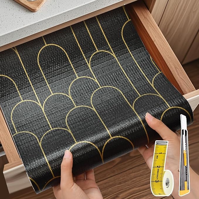 Shelf Liners for Kitchen Cabinets Drawer Liner 17.5in x 20FT Non Adhesive Black Gold Line Thickened Refrigerator Shelf Liner Paper Strong Easy to Clean for Tool Box with Knife and Tape Measure