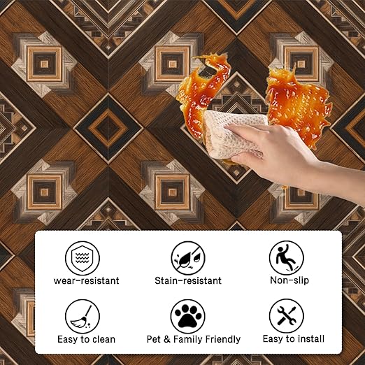 Nuxovilar Peel and Stick Vinyl Floor Tiles, 12x12 Inch Dark Wood Geometric Mosaic Pattern, Self-Adhesive Flooring (10 Pcs)