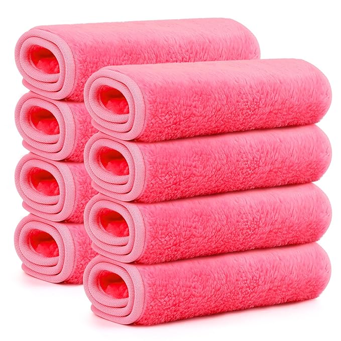 Reusable Makeup Remover Cloths 8 Pack, Ultra Soft Microfiber Facial Cleansing Cloths, Washable Makeup Remover Towels for All Skin Types,13x7 inch,Pink