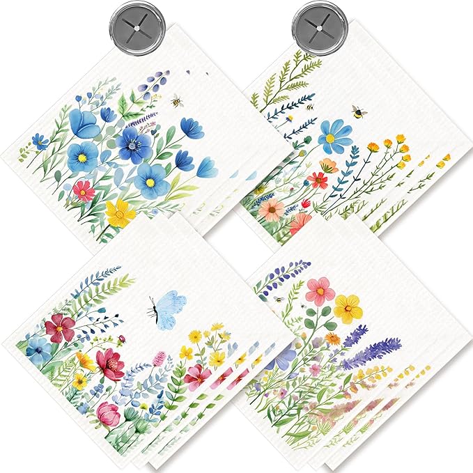 Morigins 12 Pack Swedish Dishcloths with 2 Push Towel Hooks - Reusable Dish Cloths for Washing Dishes, Napkins Cleaning Cloth Washable - Flower Set