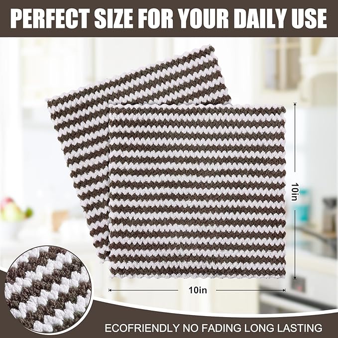 Homaxy 12 Pack Kitchen Dish Cloths, Ultra Soft and Absorbent Dish Towels, Reusable Fast Drying Microfiber Cleaning Cloth, Coral Velvet Wave Design No-lint, 10 x 10 inches, Brown