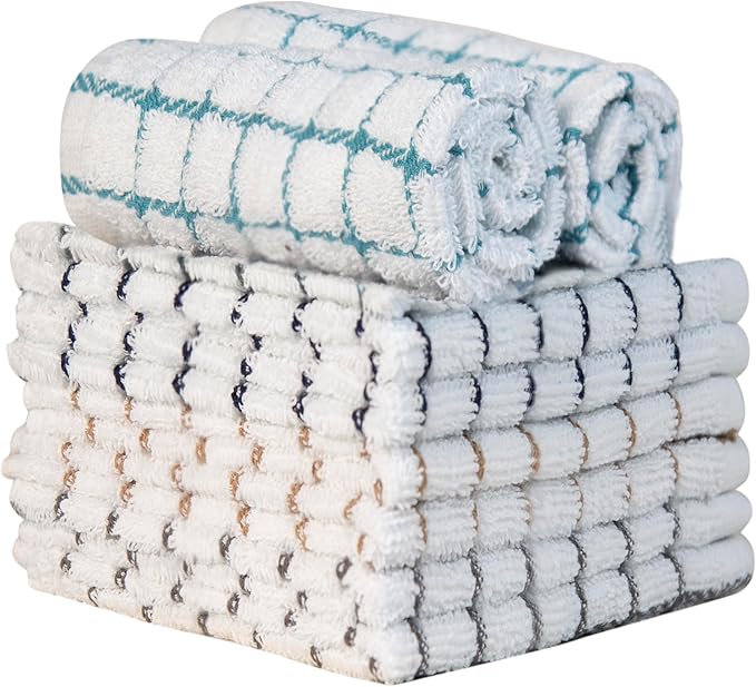 Premium Dish Towels (12”x 12”, 8 Pack) | Cotton Kitchen Hand Towels | Kitchen Towels | Highly Absorbent Tea Towels Set | Multicoloured - Checked