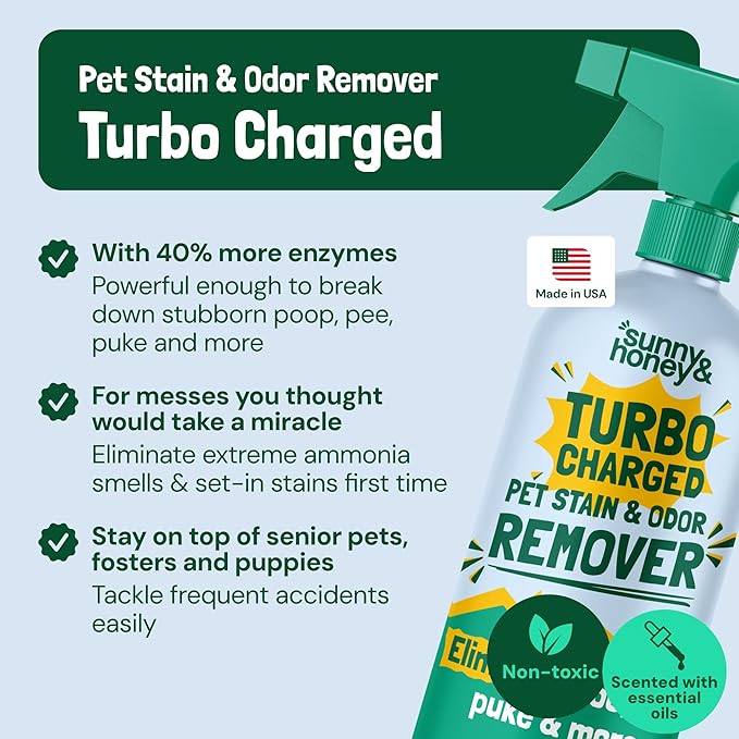 Sunny & Honey Turbo Carpet Cleaner Spray - Carpet Stain Remover with 40% More Enzymes - Pet Urine Enzyme Cleaner & Floor Deodorizer - Pet & Kid Safe Rug Cleaner (32 fl oz, Spring Mint)