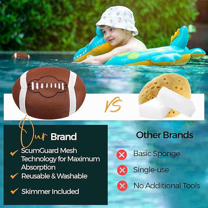 Hot Tub Scum Absorber Football ScumGuard Mesh - 2-Pack Oil & Scum Absorber for Spa, Hot Tub & Pool - Keeps Water Clear & Filters Protected - Includes Pool Net Skimmer & 2 Washable Football Absorbers