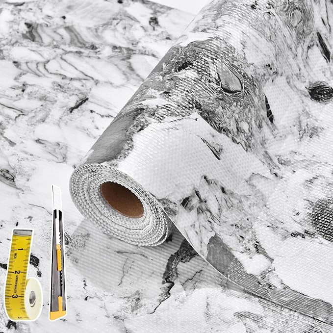 Drawer and Shelf Liner for Kitchen Cabinet: 23.6 in X 20 Ft Non Slip Waterproof Shelf Paper Non Adhesive Refrigerator Liners Grey and White Marble Easy Liners for Bathroom with Knife Tape Measure