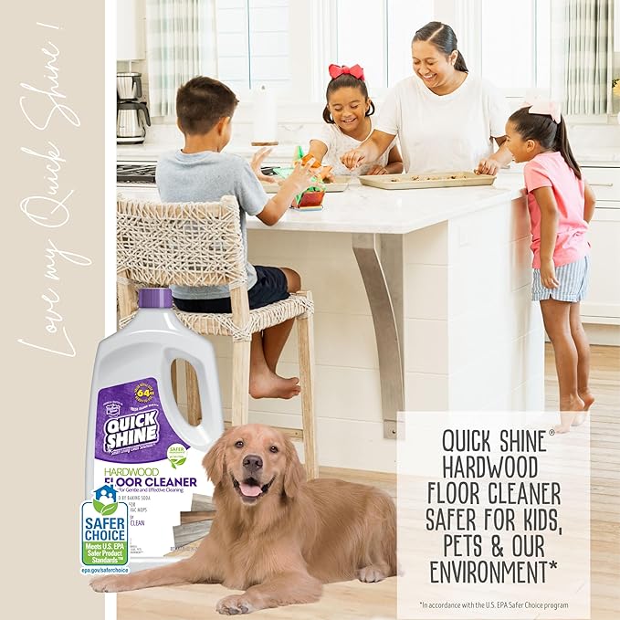 Quick Shine Hardwood Floor Cleaner 64oz, 4Pk| Use in Spray & Vac Mops| Removes Dirt & Scuff Marks| Ready-to-Use, Streak Free, No Rinse| Safer Choice Cleaner| Perfect for Gentle and Effective Cleaning