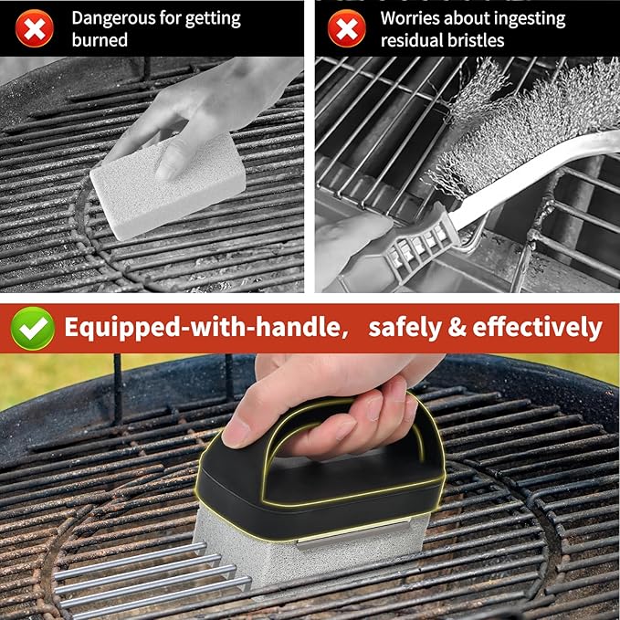 Griddle Cleaning Stone Brick, 3-Pack with Ergonomic Handle, Natural Pumice Block for Blackstone, Flat Top Griddles, Cast Iron, Ovens & BBQ Surfaces