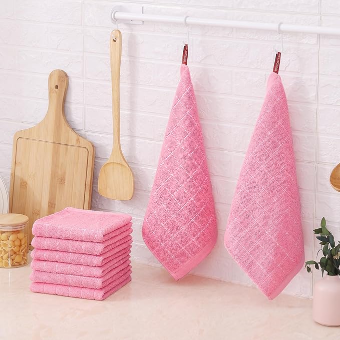 Mordimy 100% Cotton Terry Cloth Dish Cloths, Soft and Absorbent Checkered Dish Towels, Quick Drying Dish Rags for Washing Dishes, 12 Pack, 12 x 12 Inches, Pink