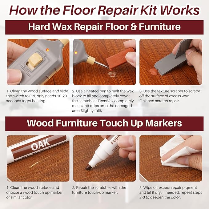 Laminate Floor Repair Kit with Heat Pen, 6 Colors Linoleum Repair Kit Floor Hard Wax Furniture Touch Up Marker Scratch Repair Restore Scratch, Crack, Stain, Hole for Wood Floor Door,Cabinet,Table.