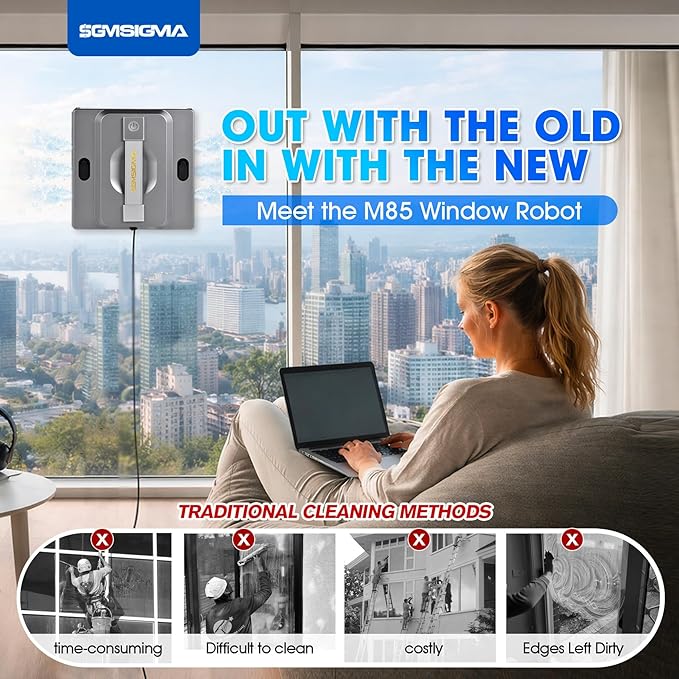 M85 Window Cleaning Robot - 6000PA Strong Suction Compact Robot, 6-Way Spray & Wet Wiping, Auto Edge Detection, 4 Cleaning Modes, Smart Path Planning, Suitable for High-Rise Glass/Tiles