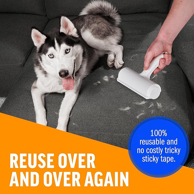ChomChom Roller Pet Hair Remover – Original Size Reusable Lint Roller for Cat & Dog Hair on Furniture, Couch, Carpet, Car, Rugs & Bedding – Portable, Eco-Friendly (White)