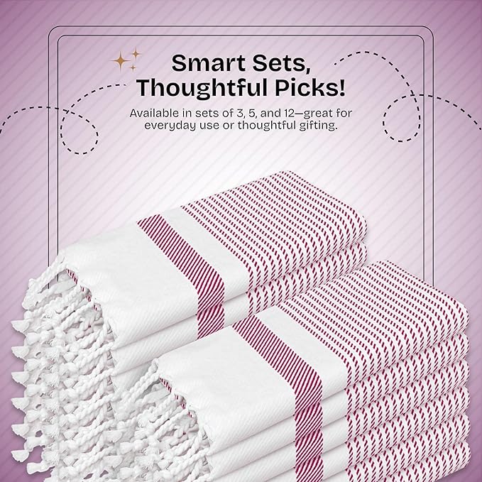 Burgundy Wine Turkish Kitchen Towels 16x26 Inch, 5 Pack, 100% Cotton, Ultra Absorbent, Soft, Fast Dry, Washable, Dish Towel with Tassels for Drying Dishes, Cleaning, Everyday Use