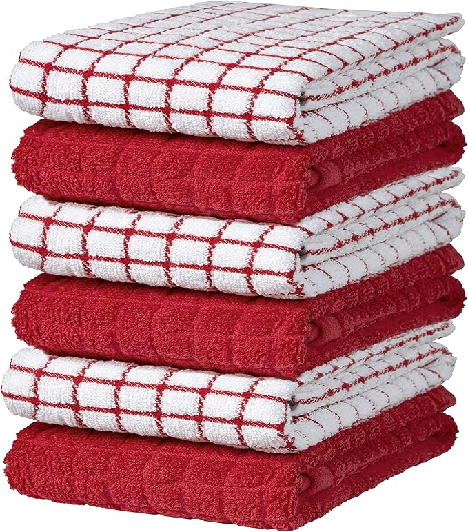Bumble Kitchen Towels | 100% Cotton Dish Towels with Hanging Loop | 16"x 28" | 380GSM | Absorbent Kitchen Towel Set | 6 Pack, Red