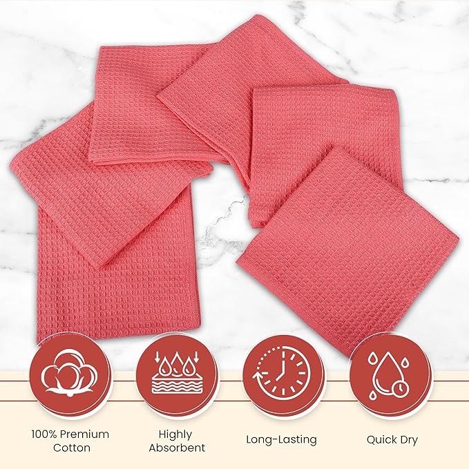 Vintage Vista 100% Cotton Waffle Dish Cloths (Pack of 6) - Dish Rags for Washing Dishes - Reusable & Highly Absorbent Kitchen Towels - Kitchen Rags for Christmas - (12" x 12" - Pink)
