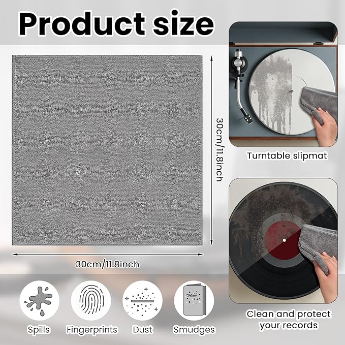 Honeydak 8 Pack Microfiber Record Cleaning Cloth, 12" x 12" Reuseable Anti Static Towels for Glasses, TV Screen, Laptop, Musical Instrument, Ultra Absorbent, Lint Free, Streak Free(Gray)