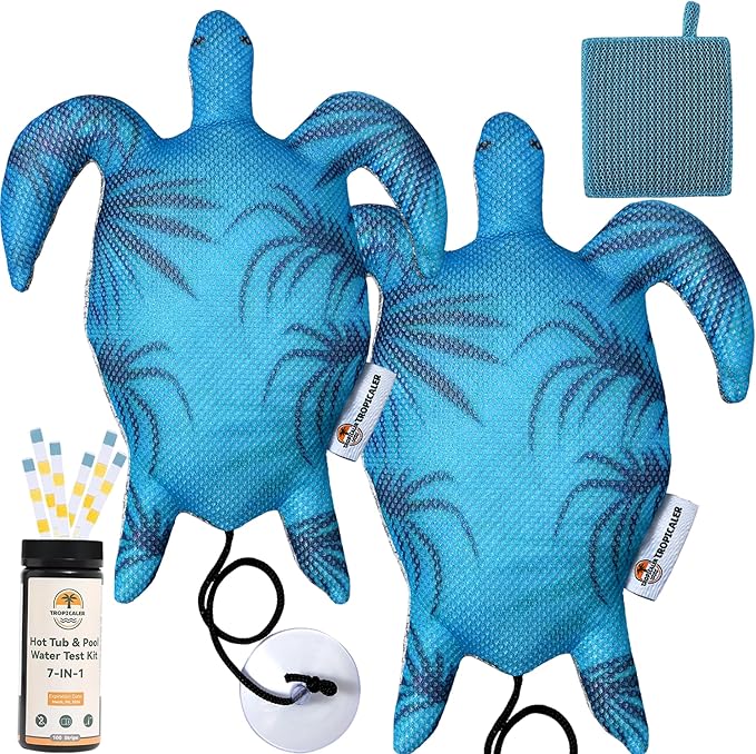 Hot Tub Scum Absorber Turtle ScumGuard Mesh - 2-Pack Oil & Scum Absorber for Spa, Hot Tub & Pool - Keeps Water Clear - Includes 100 x Hot Tub Test Strips & 2 Washable Turtle Absorbers
