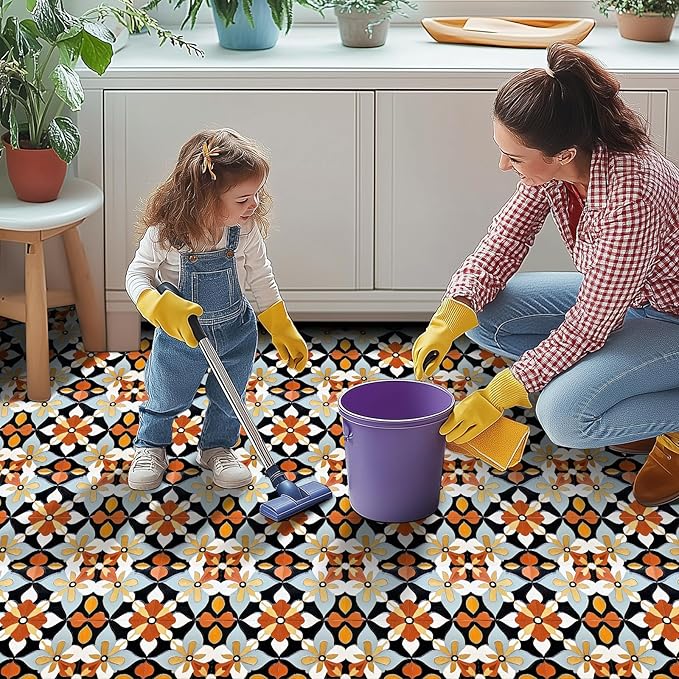 10PCS 12x12 Inch Retro Floral Pattern Peel and Stick Floor Tiles Removable Self Adhesive Vinyl Flooring Stickers for Kitchen Bathroom Living Room Entryway Home Decor