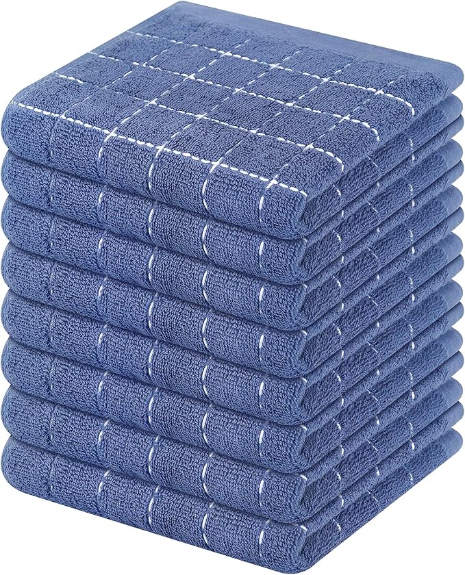 Mordimy 100% Cotton Terry Cloth Dish Cloths, Soft and Absorbent Checkered Dish Towels, Quick Drying Dish Rags for Washing Dishes, 8 Pack, 12 x 12 Inches, Navy
