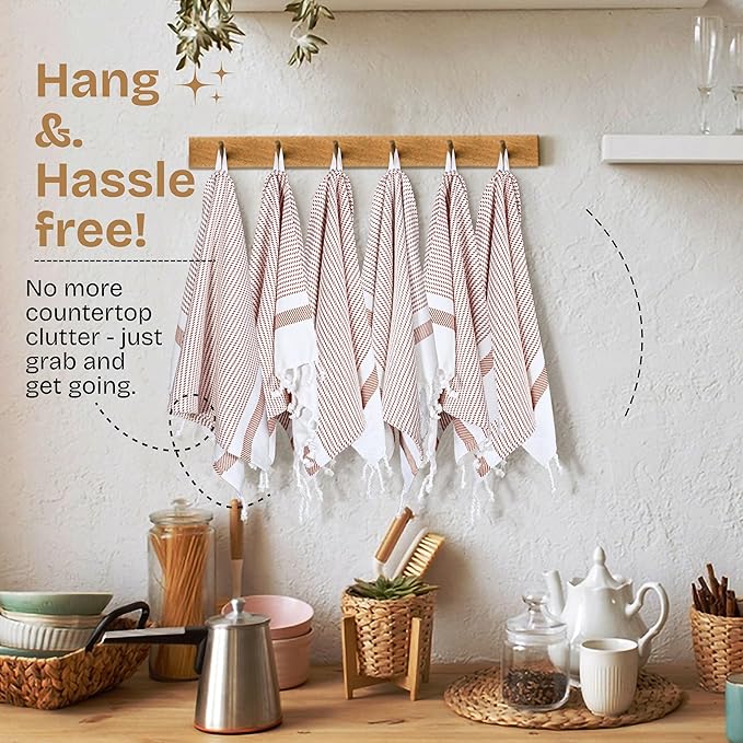 Brown Turkish Kitchen Towels 16x26 Inch, 12 Pack, 100% Cotton, Ultra Absorbent, Soft, Fast Dry, Machine Washable, Dish Towel with Tassels for Drying Dishes, Cleaning, Everyday Use