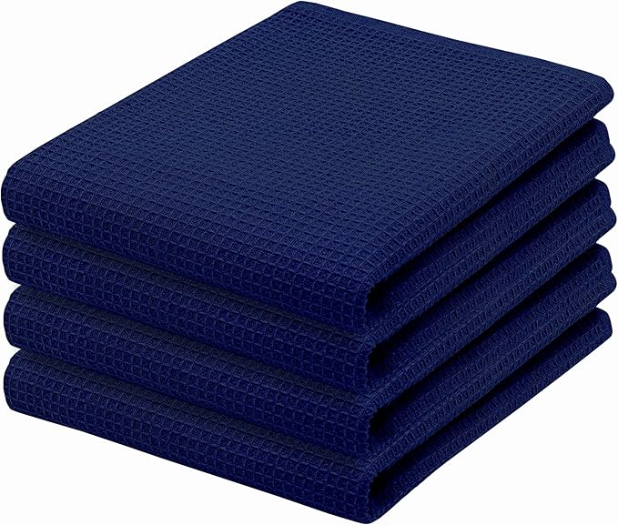 PurpleEssences Waffle Weave Kitchen Towel, 100% Cotton, 15x25 Inches, with Hanging Loop Ultra Soft Absorbent Quick Drying Dish Cloth, Tea and Hand Towels, 4 Pack - Christmas Holiday Winter - Navy Blue