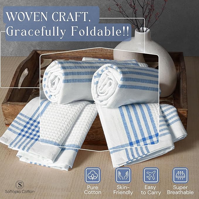 Waffle White & Multi Colors Kitchen Towels Set of 12, 100% Cotton, 16x26 inches, Durable Dish Towel, Quick Dry Dishcloths, Ideal for Drying, Wiping - Mustard Yellow, Sky Blue, Brown