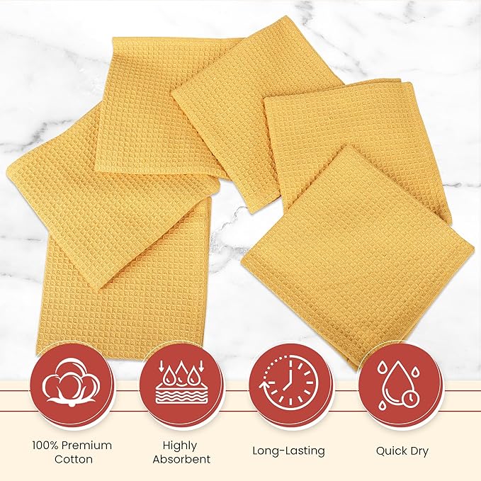 Vintage Vista 100% Cotton Waffle Dish Cloths (Pack of 6) - Dish Rags for Washing Dishes - Reusable & Highly Absorbent Kitchen Towels - Kitchen Rags for Christmas - (12" x 12" - Yellow)