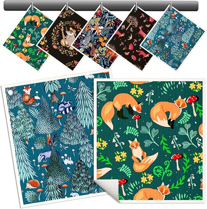 Swedish Dishcloths for Kitchen - 5 Pack Reusable Dish Cloths for Washing Dishes Absorbent Cute Funny Kitchen Towels Cleaning Sponge, Animal Forest