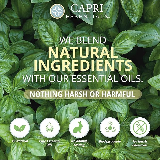 CAPRI ESSENTIALS Dish Soap Liquid, Natural Household Cleaning Supplies, Plant Based Aromatic Dish Detergent, Blend of Essential Oils with Almond Oil, Eucalyptus & Peppermint, Sweet Basil, 16 FL Oz